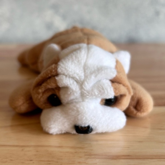 Wrinkles Bulldog 1996 Ty Beanie Babies Plush Stuffed Animal 8" Long Brown White - Picture 2 of 10